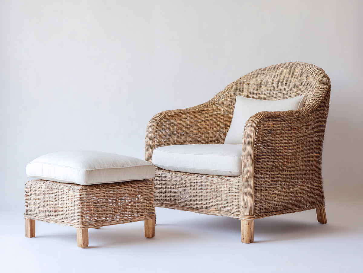 Fauteuil de jardin-Rotin tressé-Tissu-Bois-84x79x99 cm-Beige naturel-Écru-Style naturel élégant