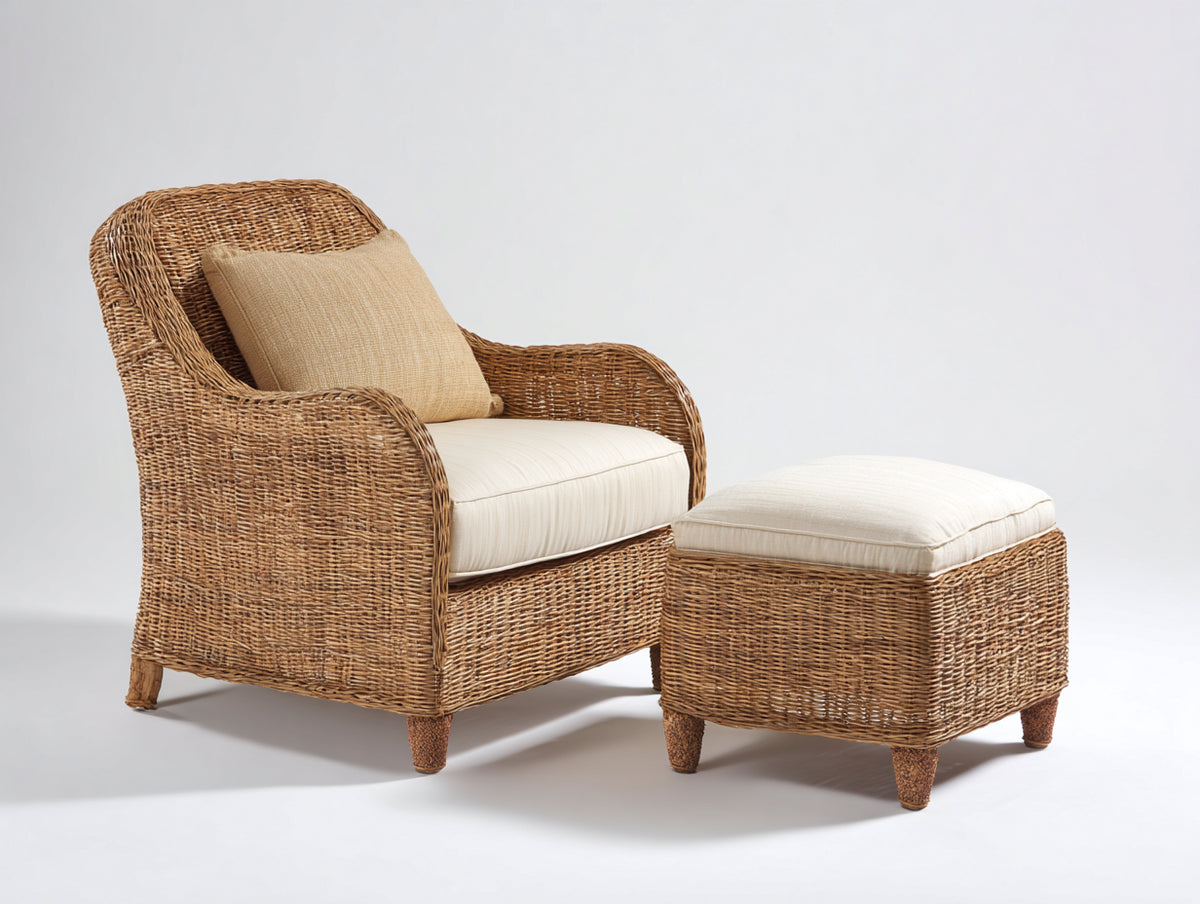 Fauteuil de jardin-Rotin tressé-Tissu-Bois-86x79x95 cm-Brun miel-Crème-Style naturel classique