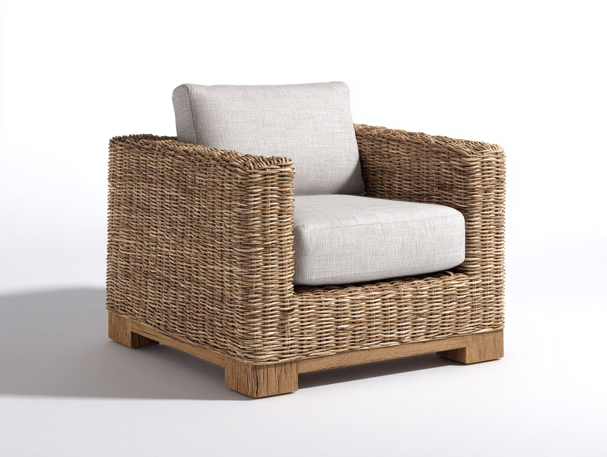 Fauteuil de jardin-Rotin tressé-Tissu-Bois-91x85x82 cm-Brun naturel-Gris clair-Style rustique contemporain