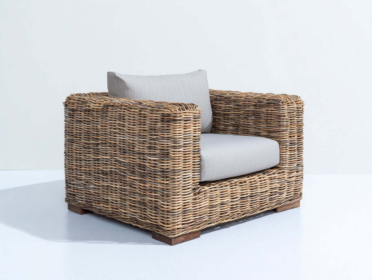 Fauteuil de jardin-Rotin tressé-Tissu-Bois-92x86x80 cm-Brun grisé-Gris clair-Style naturel contemporain