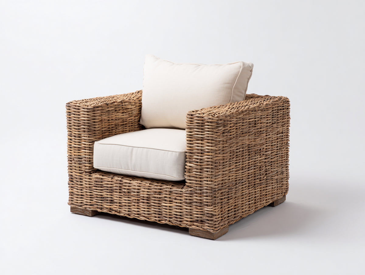 Fauteuil de jardin-Rotin tressé-Tissu-Bois-90x84x81 cm-Brun naturel-Crème-Style naturel contemporain
