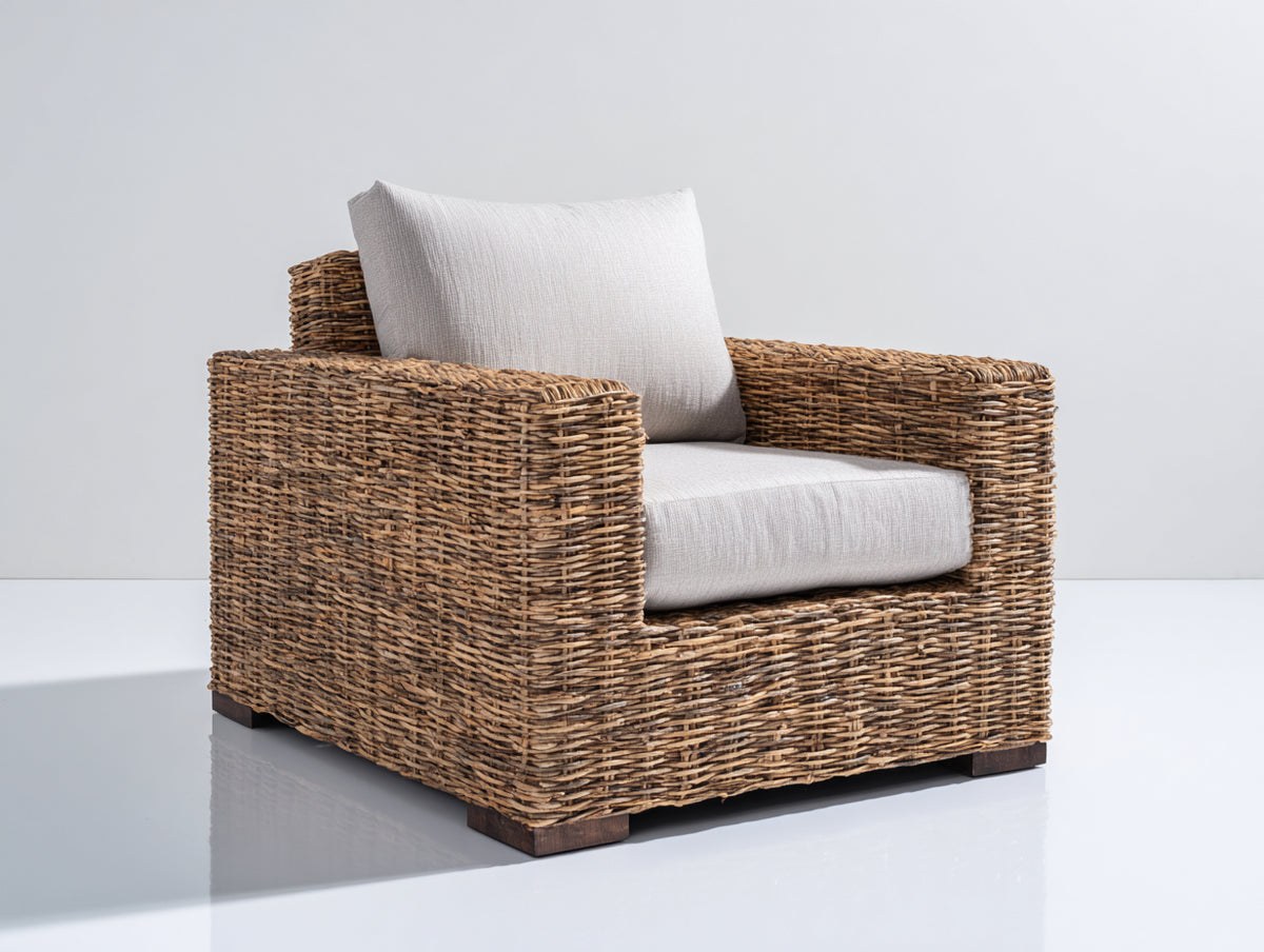 Fauteuil de jardin-Rotin tressé-Tissu-92x86x80 cm-Brun miel-Gris perle-Rustique contemporain