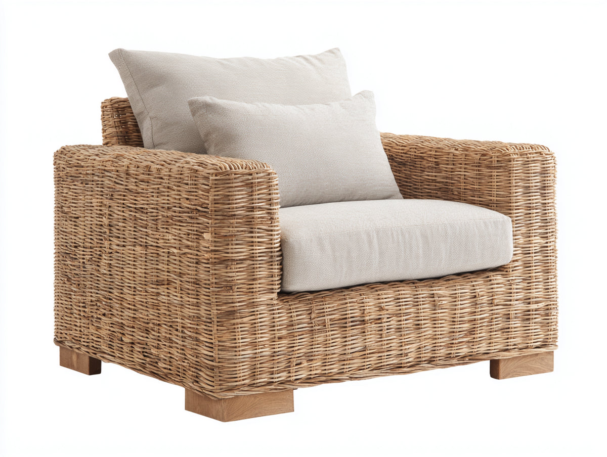 Fauteuil de jardin-Rotin tressé-Tissu-Bois-101x91x83 cm-Beige naturel-Écru-Style lounge contemporain