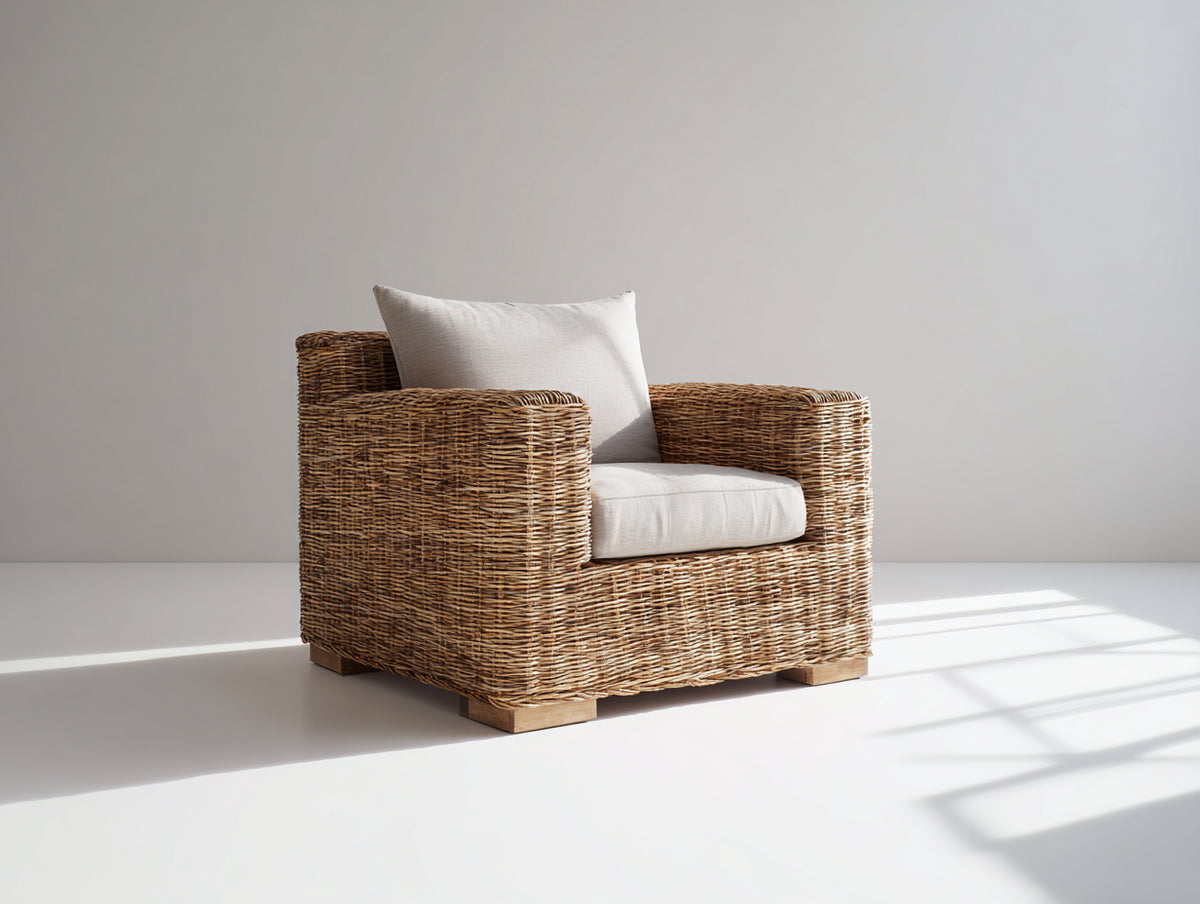 Fauteuil de jardin-Rotin tressé-Tissu-Bois-88x82x80 cm-Brun naturel-Crème-Style rustique contemporain