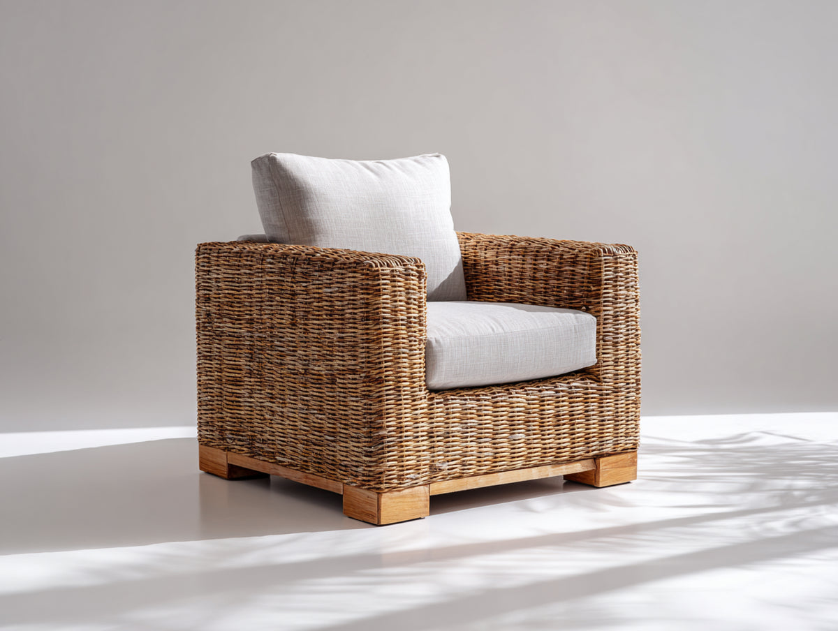 Fauteuil de jardin-Rotin tressé-Tissu-88x85x79 cm-Brun miel-Écru-Style rustique moderne