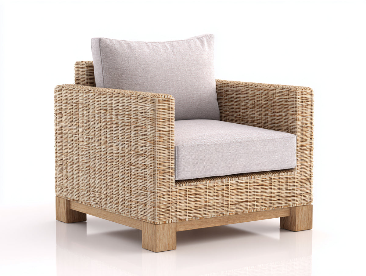 Fauteuil de jardin-Rotin tressé-Tissu-Bois-88x82x84 cm-Beige clair-Beige rosé-Style contemporain élégant