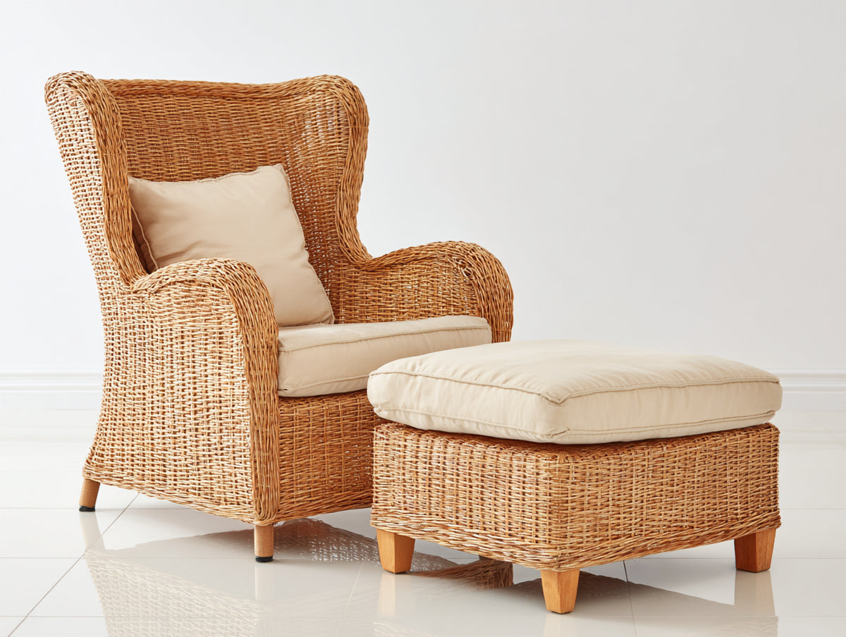 Fauteuil de jardin-Rotin tressé-Tissu-Bois-92x86x112 cm-Brun doré-Crème-Style haut dossier rustique