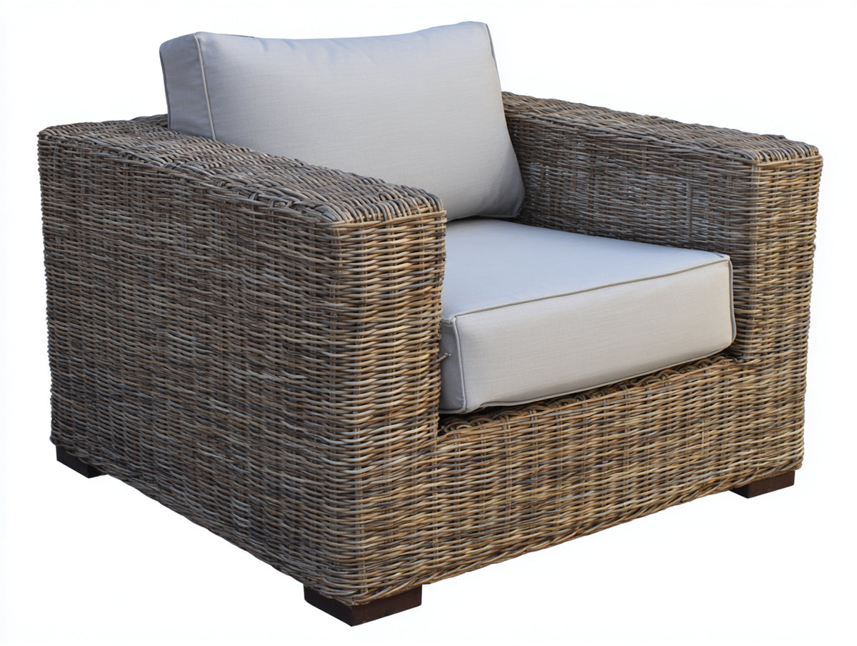 Fauteuil de jardin-Rotin tressé-Tissu-94x90x82 cm-Brun grisé-Écru-Style rustique contemporain