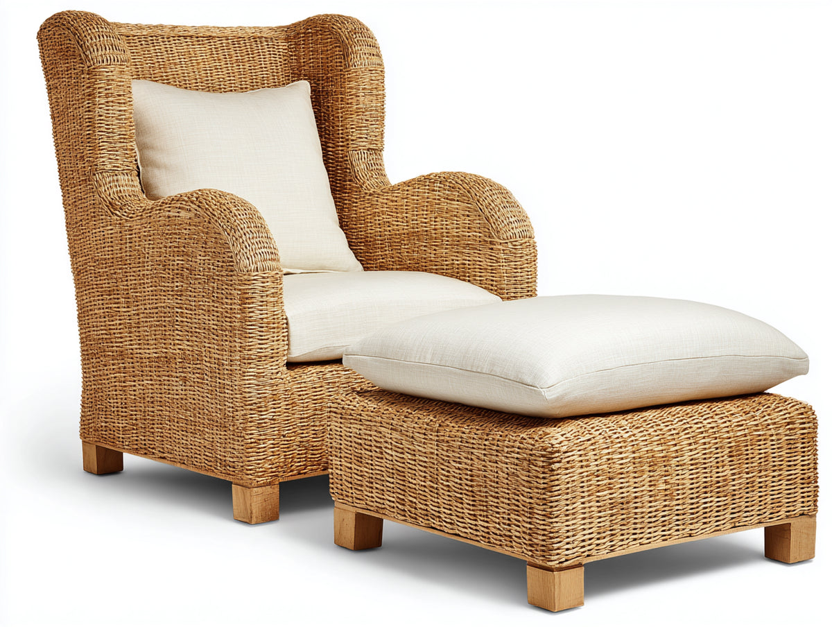 Fauteuil de jardin-Rotin tressé-Tissu-Bois-96x90x114 cm-Brun naturel-Écru-Style classique enveloppant