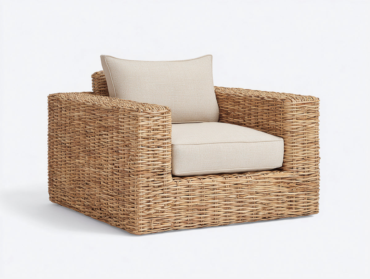 Fauteuil de jardin-Rotin tressé-Tissu-94x87x80 cm-Beige miel-Crème-Style naturel contemporain