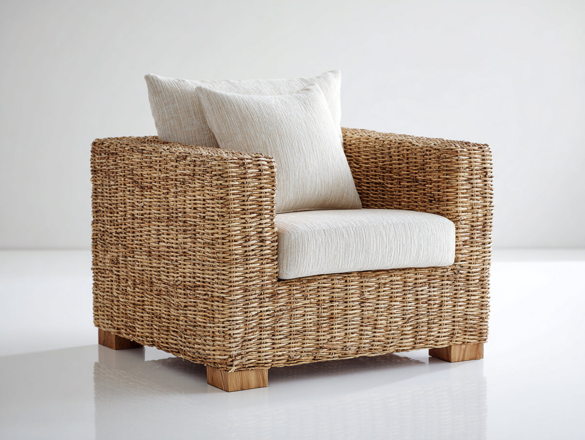 Fauteuil de jardin-Rotin tressé-Tissu-90x84x82 cm-Beige naturel-Ivoire-Style contemporain épuré
