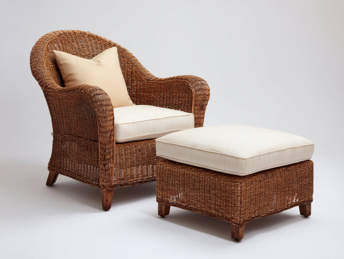 Fauteuil de jardin-Rotin tressé-Tissu-86x80x96 cm-Brun acajou-Crème-Rustique élégant