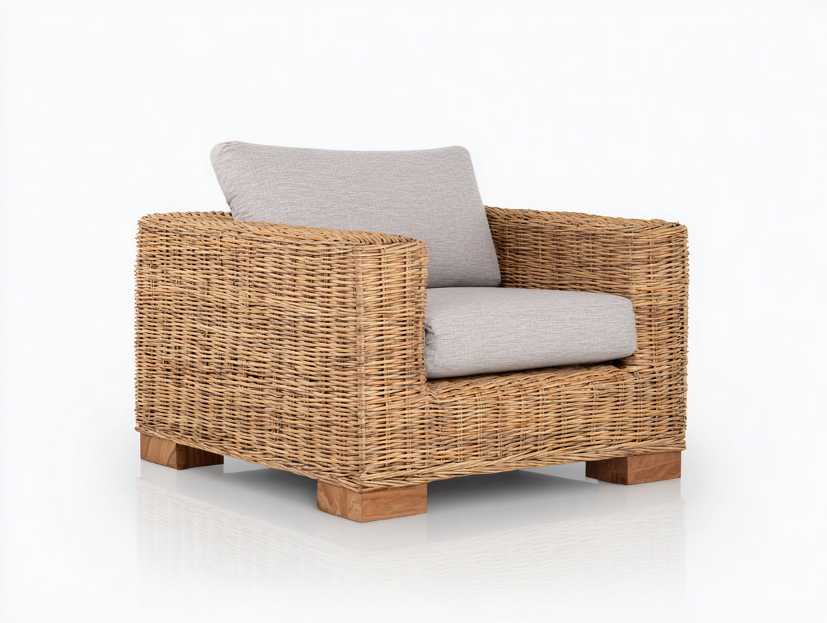 Fauteuil de jardin-Rotin tressé-Tissu-Bois-94x87x80 cm-Beige miel-Gris perle-Style naturel moderne
