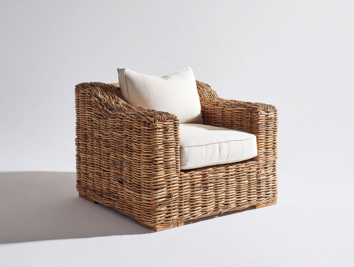 Fauteuil de jardin-Rotin tressé-Tissu-Bois-92x86x82 cm-Brun miel-Crème-Style rustique moderne