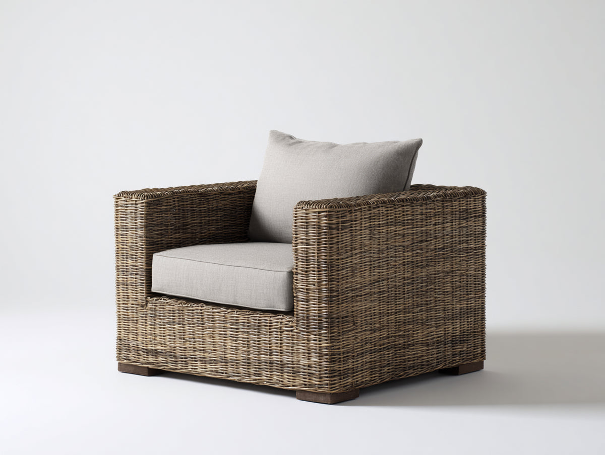 Fauteuil de jardin-Rotin tressé-Tissu-89x83x78 cm-Brun taupe-Beige clair-Contemporain sobre