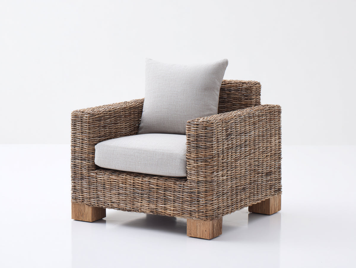 Fauteuil de jardin-Rotin tressé-Tissu-Bois-86x84x81 cm-Brun grisé-Écru-Style rustique contemporain