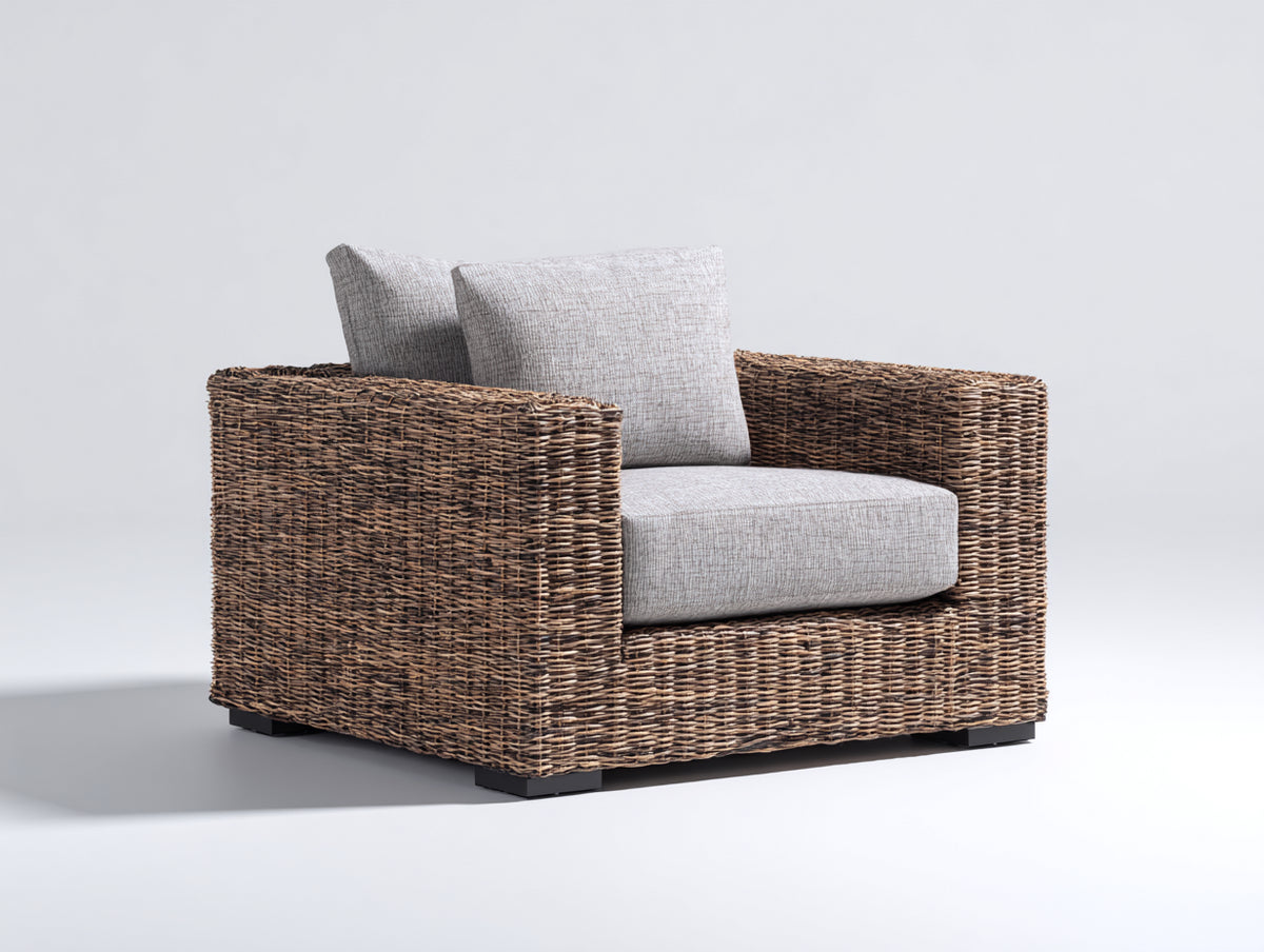Fauteuil de jardin-Rotin tressé-Tissu-106x94x78 cm-Brun foncé-Gris clair-Style lounge contemporain